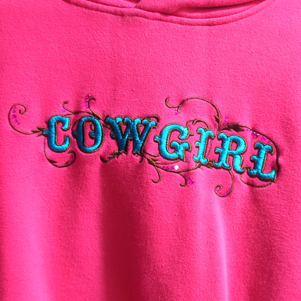 Ran$om Ranch Pink Cowgirl Hoodie with Teal and Brown lettering - Size Small